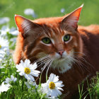 Orange Cat with Green Eyes Resting in Sunny Meadow with White Daisies