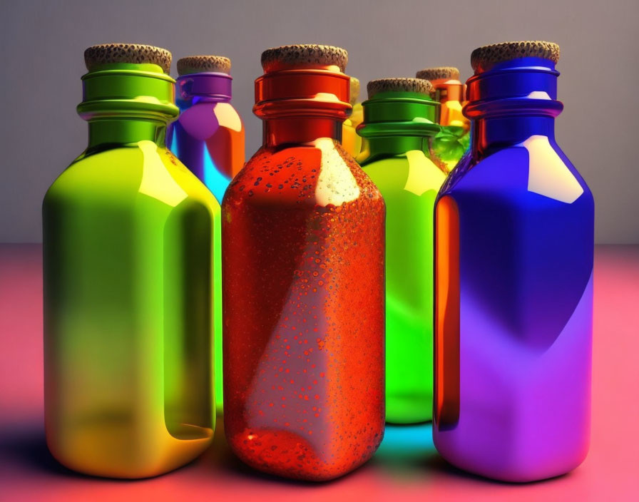 Colorful Bottles with Cork Tops and Vibrant Liquids on Purple Background