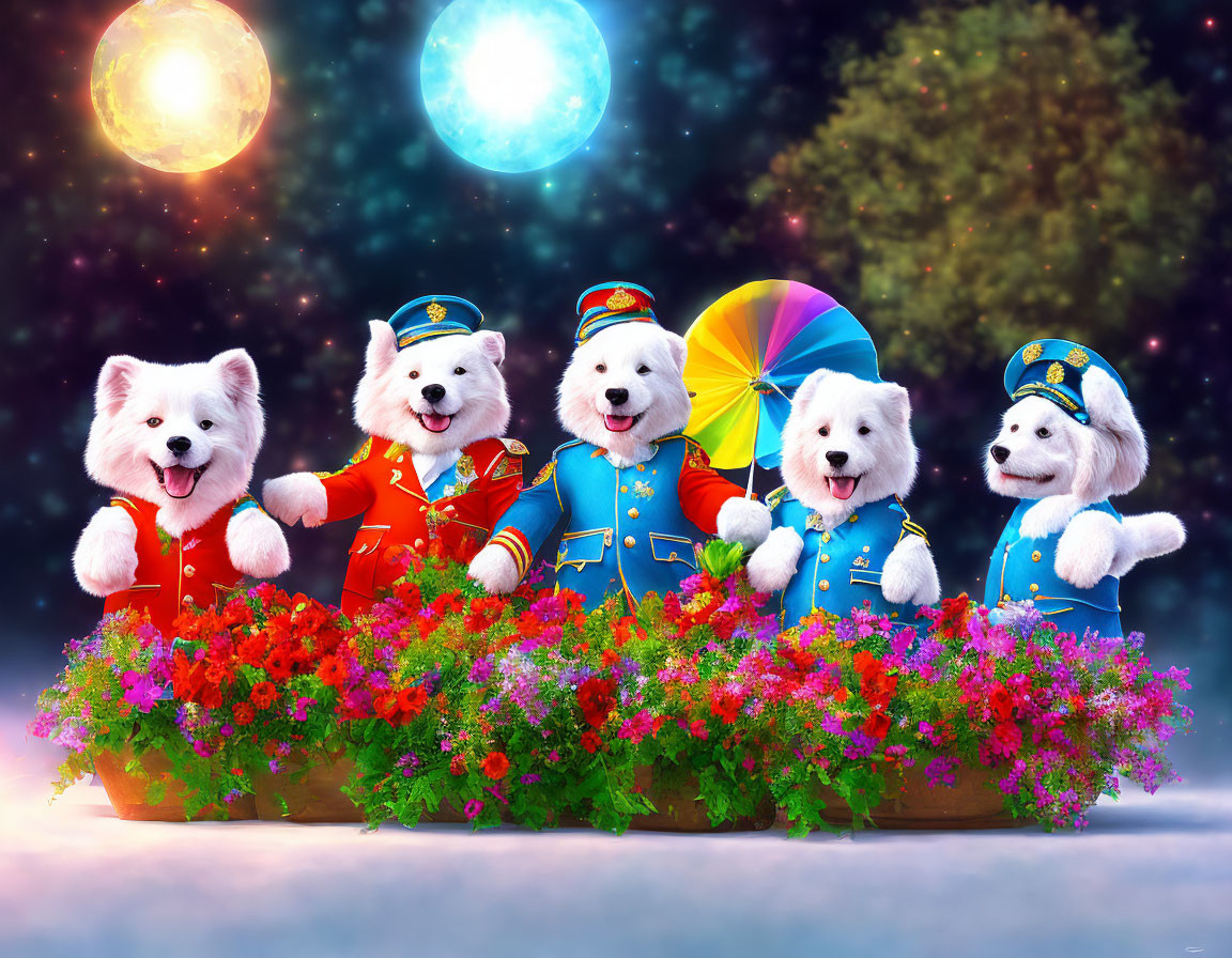 Colorful Cartoon Dogs in Uniforms with Flowers and Parasol on Starry Background