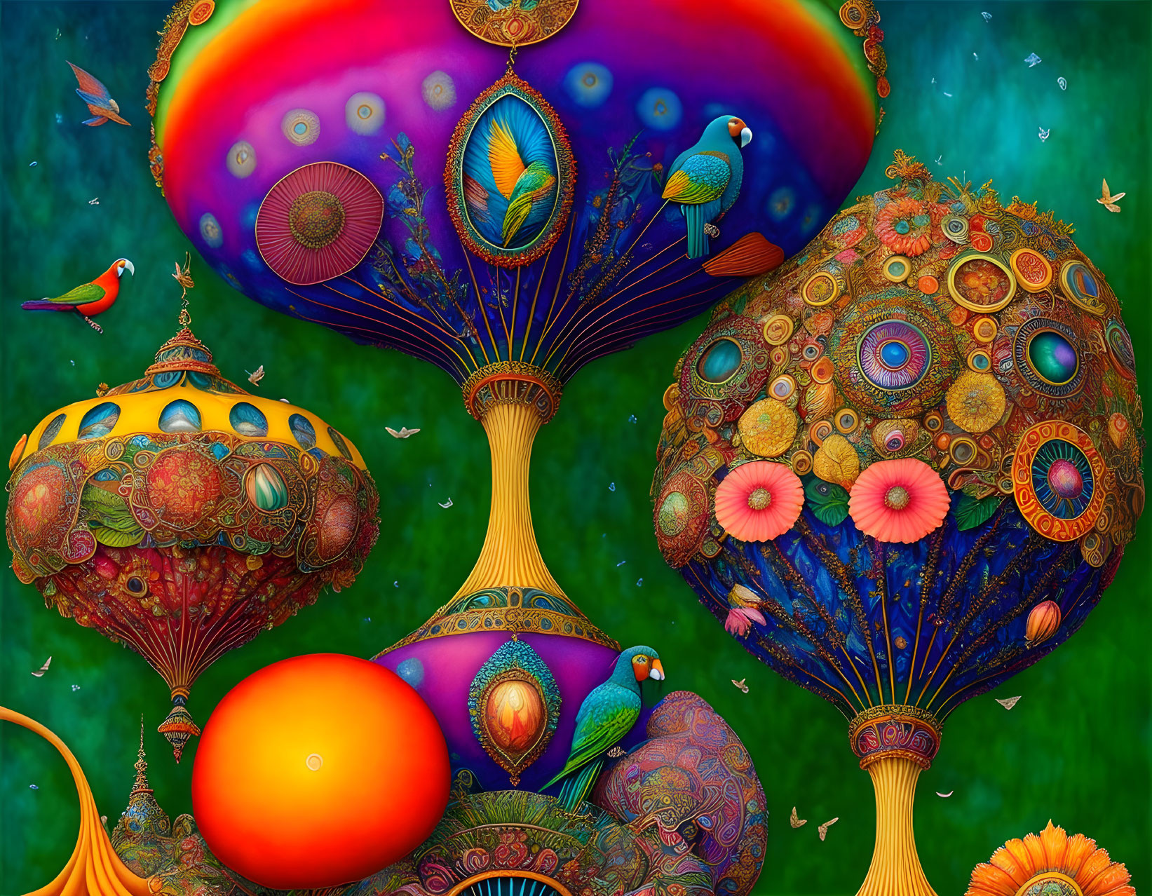 Colorful surreal artwork: Fantastical trees, peacock and floral motifs, birds, starry