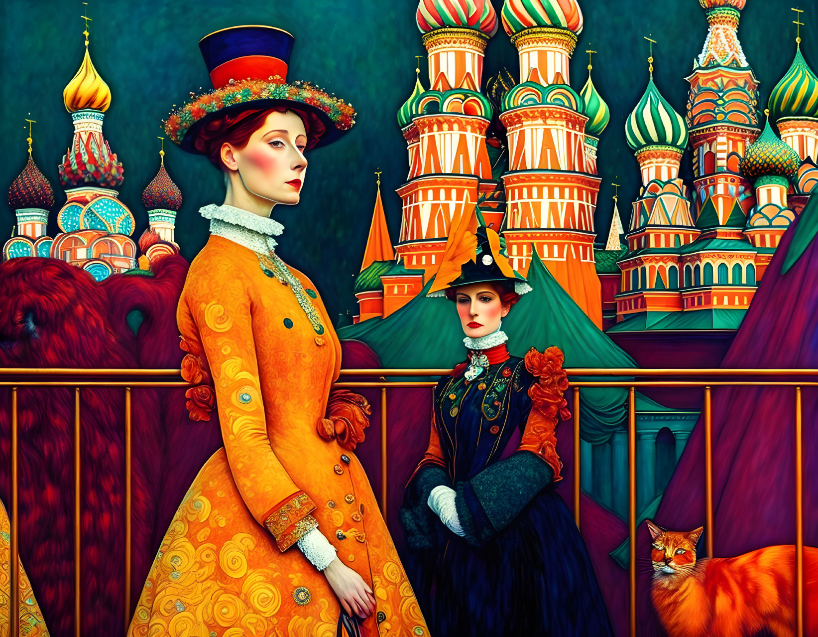 Two women in period costumes with ginger cat at St. Basil's Cathedral.