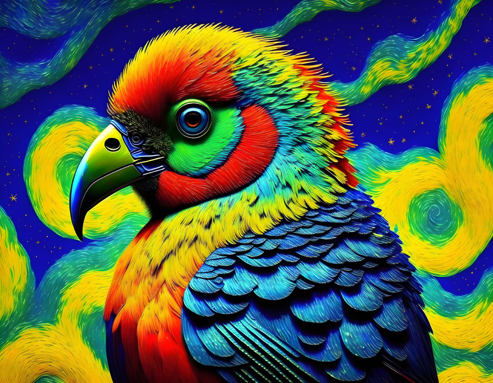 Colorful Parrot Illustration with Van Gogh's "Starry Night" Background