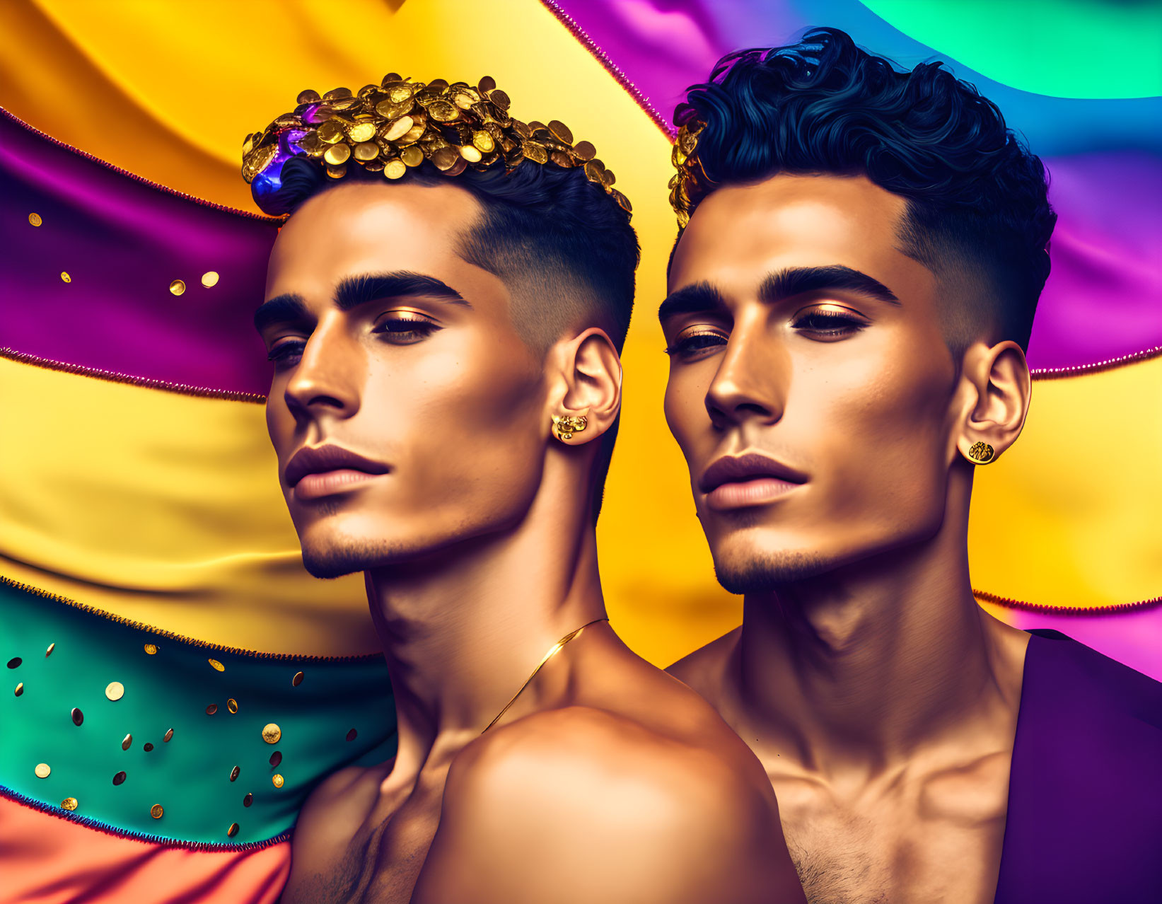 Stylized men with pronounced features on vibrant multicolored background