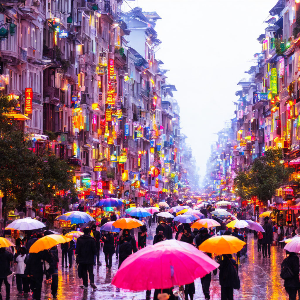 Vibrant neon-lit street scene on a rainy evening