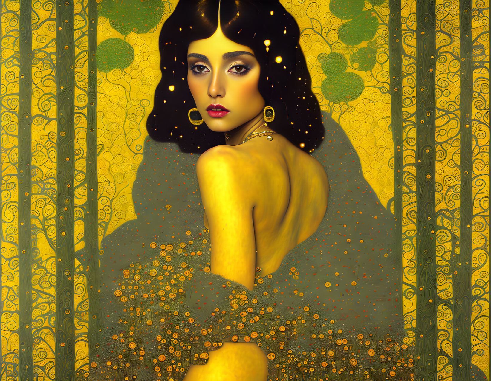 Illustrated woman with dark hair and golden jewelry in a shimmering golden setting