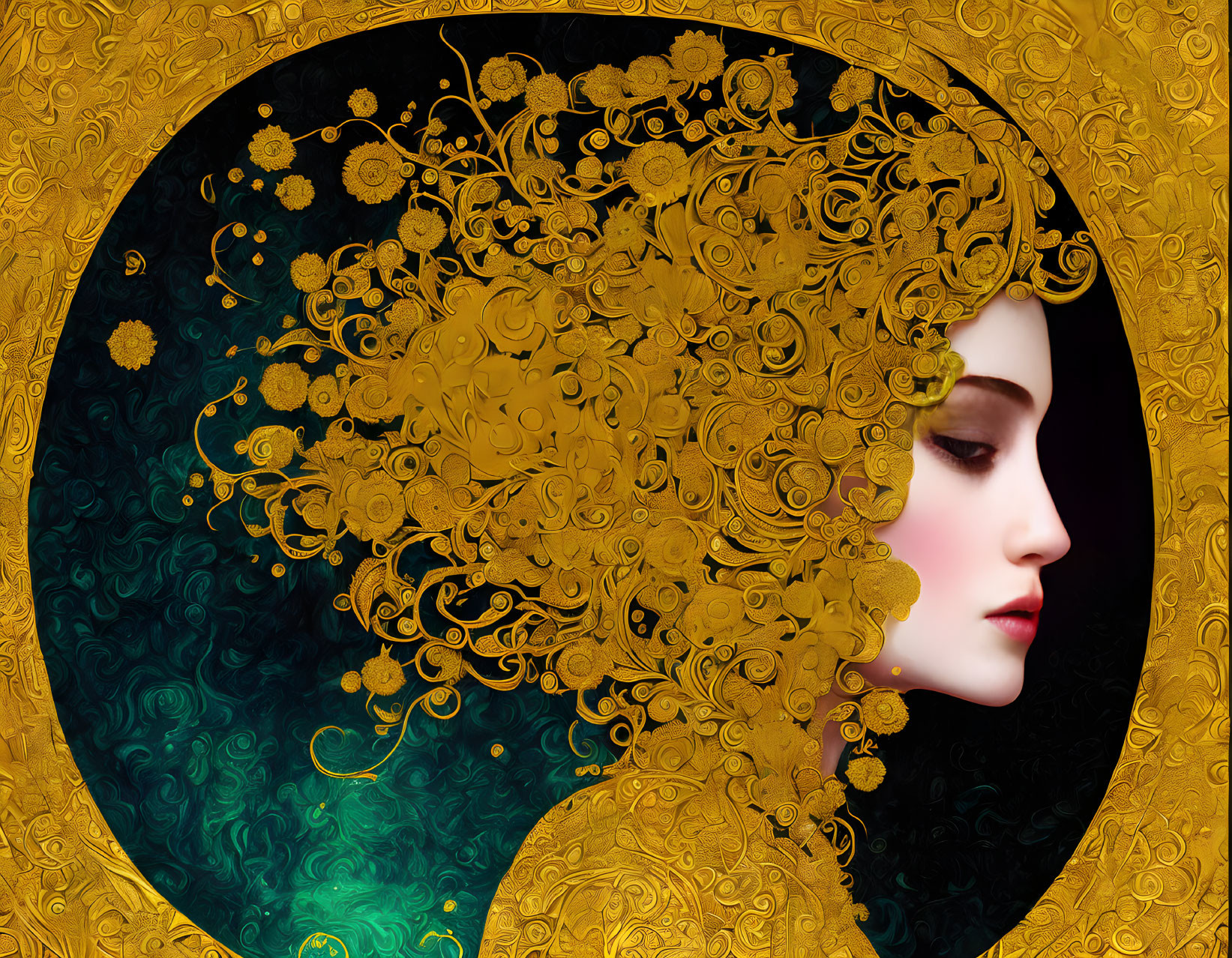 Stylized female profile portrait with swirling turquoise backdrop and golden floral hair frame