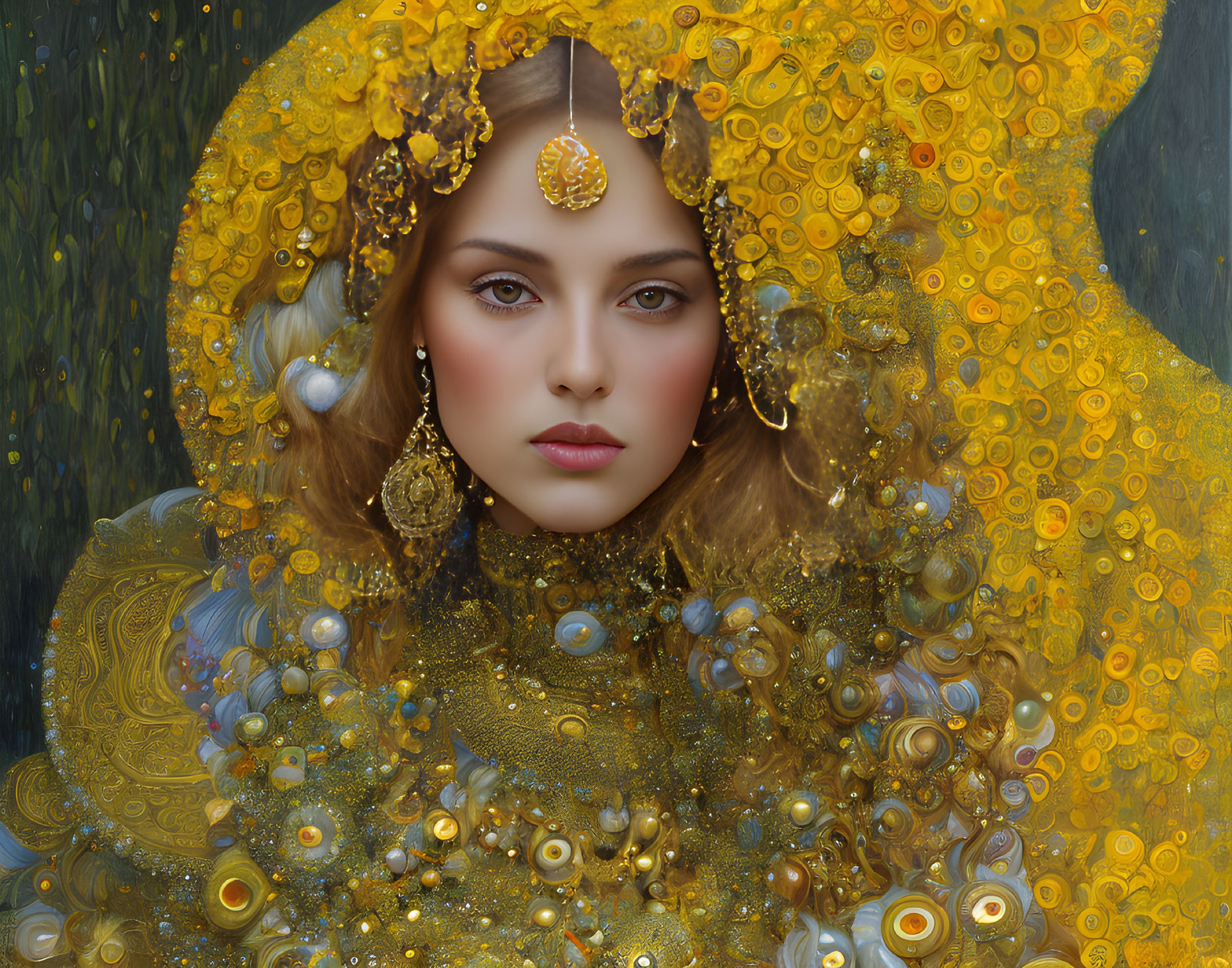 Woman in golden jewelry and yellow outfit against dark background