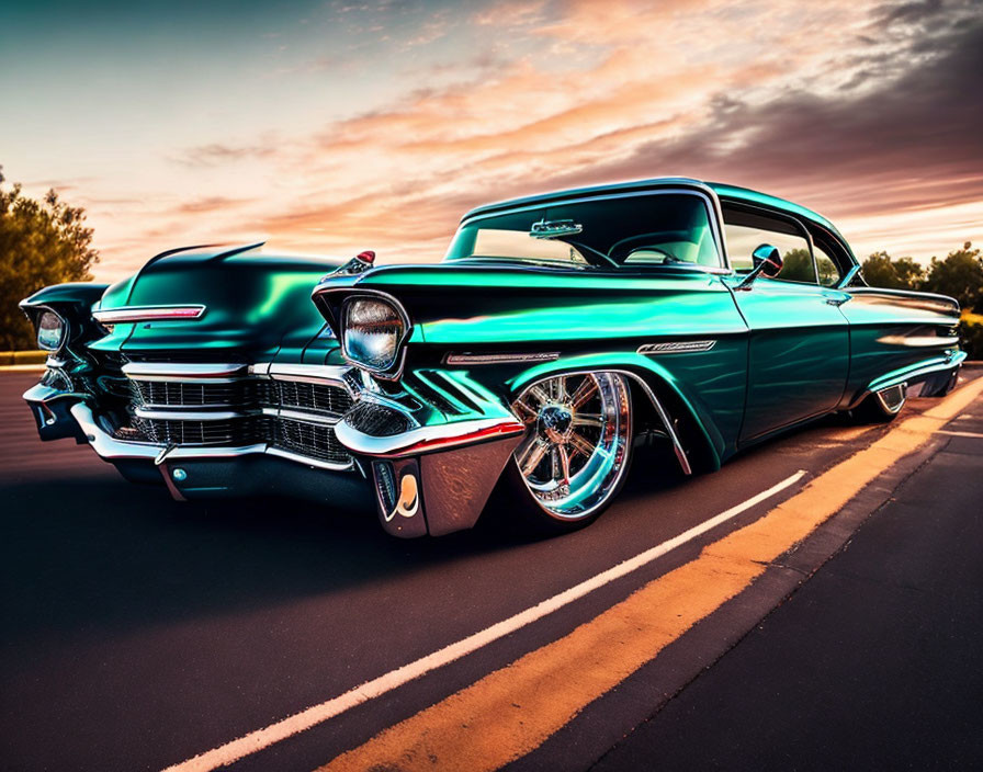 Vintage turquoise car with chrome details and large rims on an asphalt road at sunset