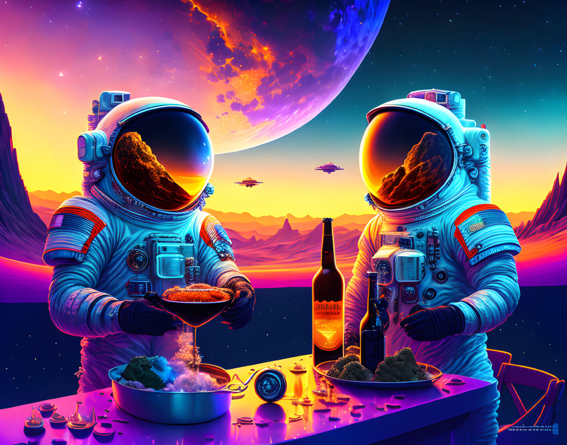 Astronauts dining in space with planet, aliens, and saucers in a purple sky