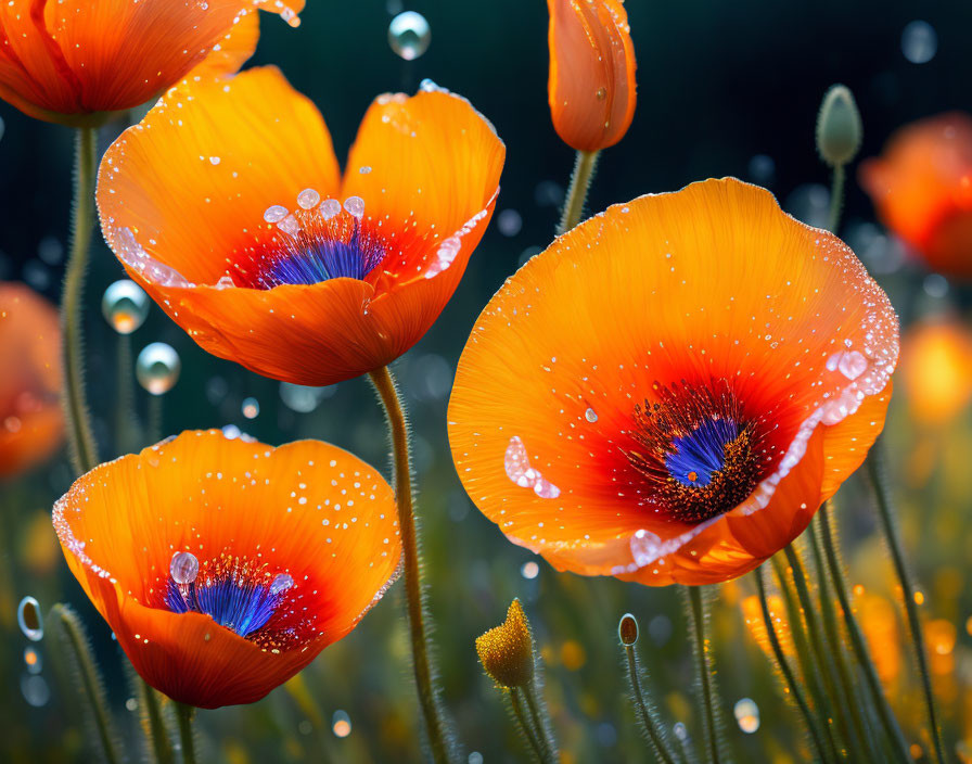 Vibrant orange poppies with dew droplets on dark background.