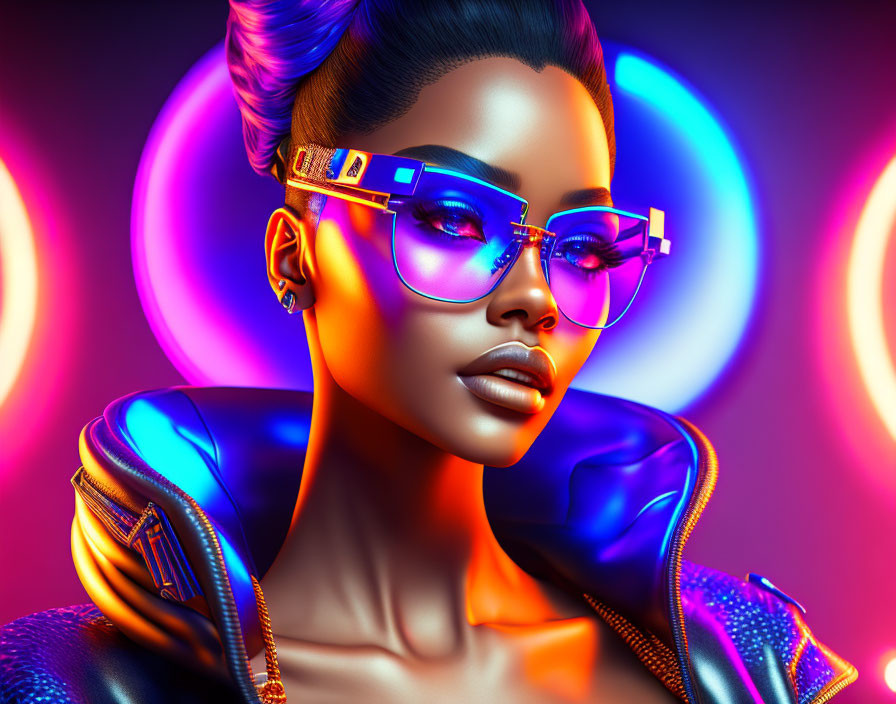 Colorful Digital Art: Woman in Stylish Glasses with Neon Colors