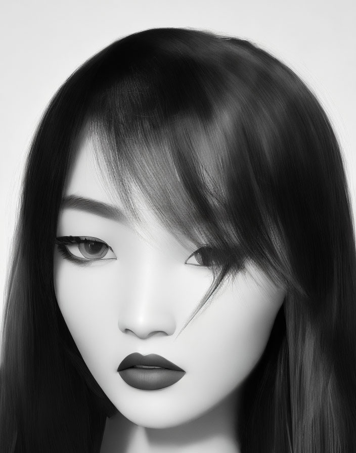 Monochrome portrait featuring person with dark lipstick and sleek hair covering one eye