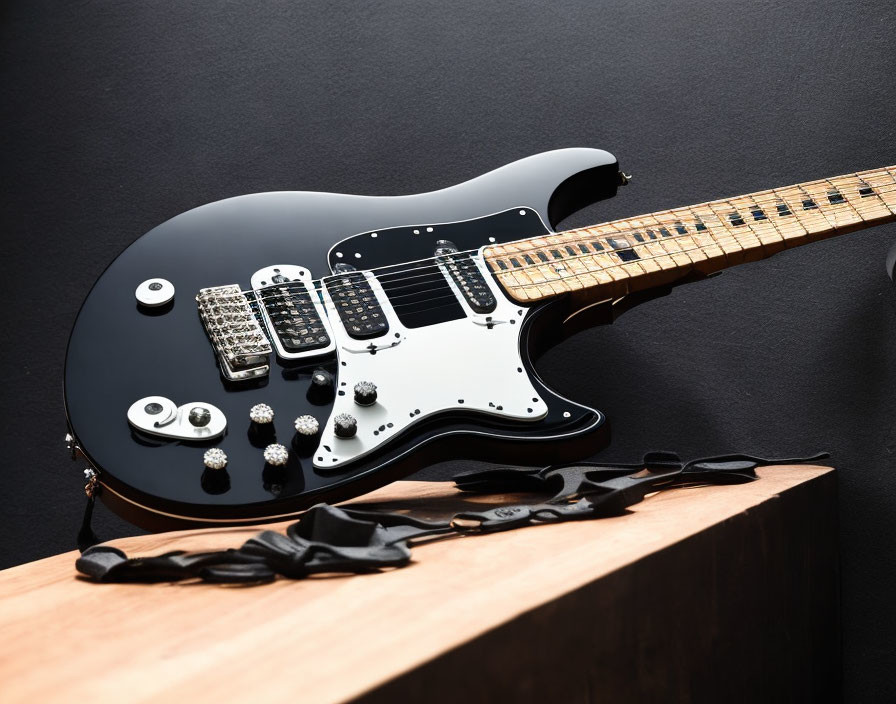 Black Electric Guitar with White Pickguard and Three Pickups on Wooden Surface