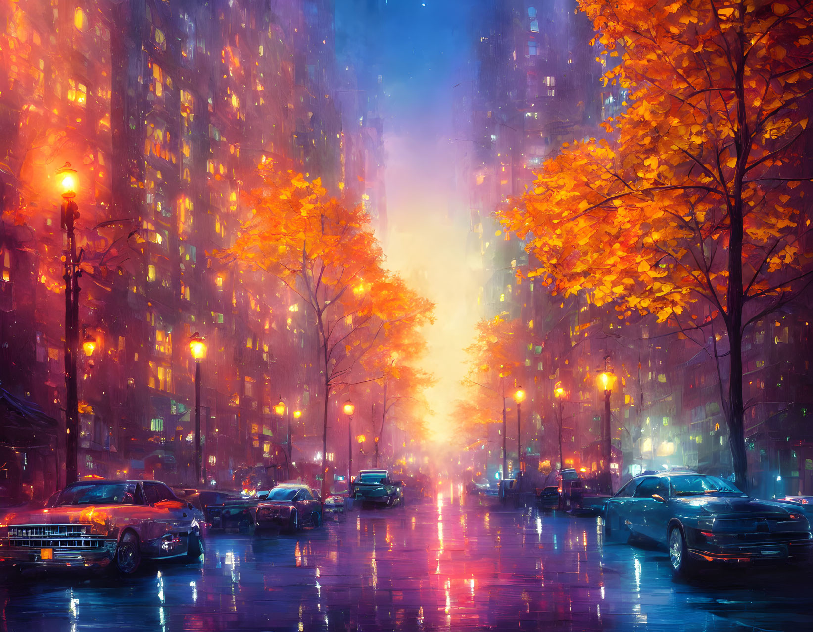 Rainy night city street with glowing streetlights and autumn trees.