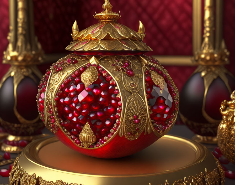 Ornate golden orb with crimson jewels on pedestal in luxurious setting