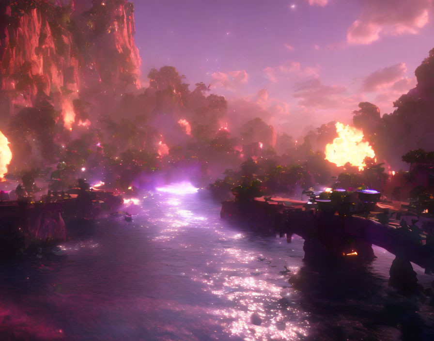 Fantasy landscape with luminescent vegetation, river, explosions, and floating structures