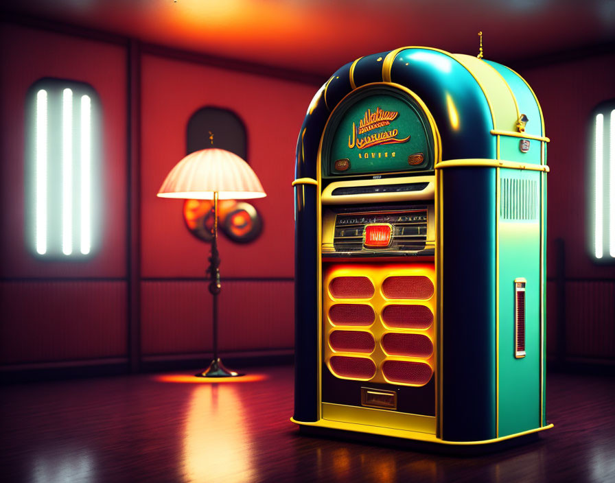 Vintage Jukebox with Golden and Teal Colors in Room with Red Walls