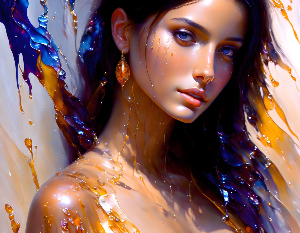 Vibrant digital art: woman with striking features in colorful liquid shapes