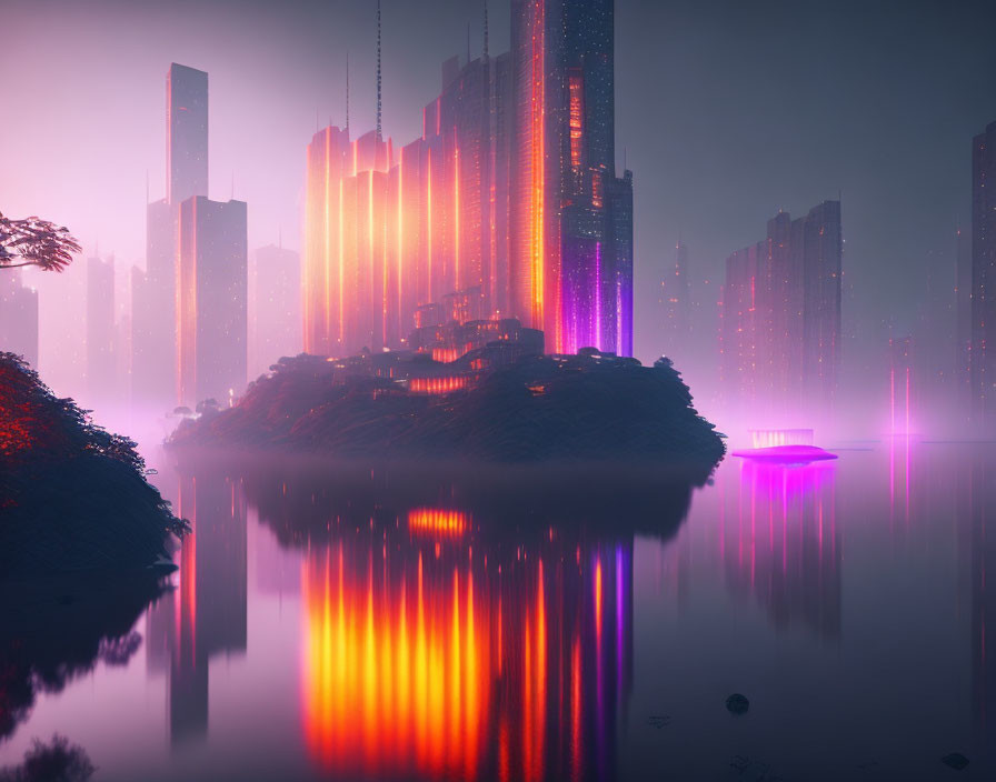 Neon-lit skyscrapers in futuristic cityscape at dusk