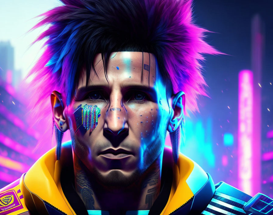 Cyberpunk-themed digital art with neon colors and futuristic makeup