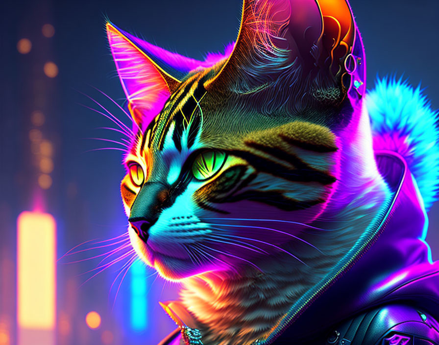 Neon-colored cat digital art with futuristic headset & cityscape.