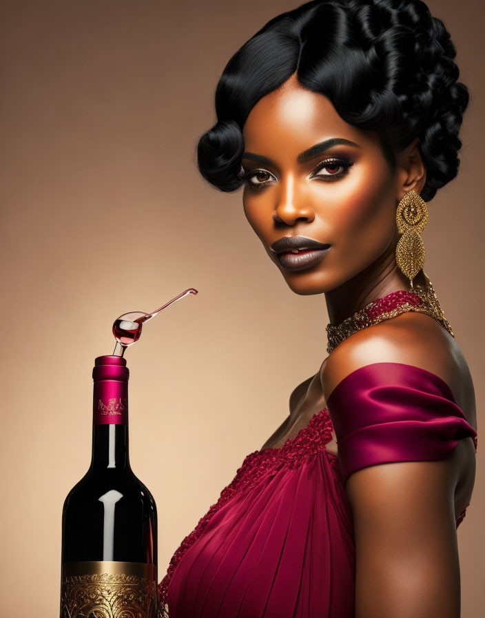 Sophisticated woman in red satin dress with braided hair and makeup next to wine bottle.