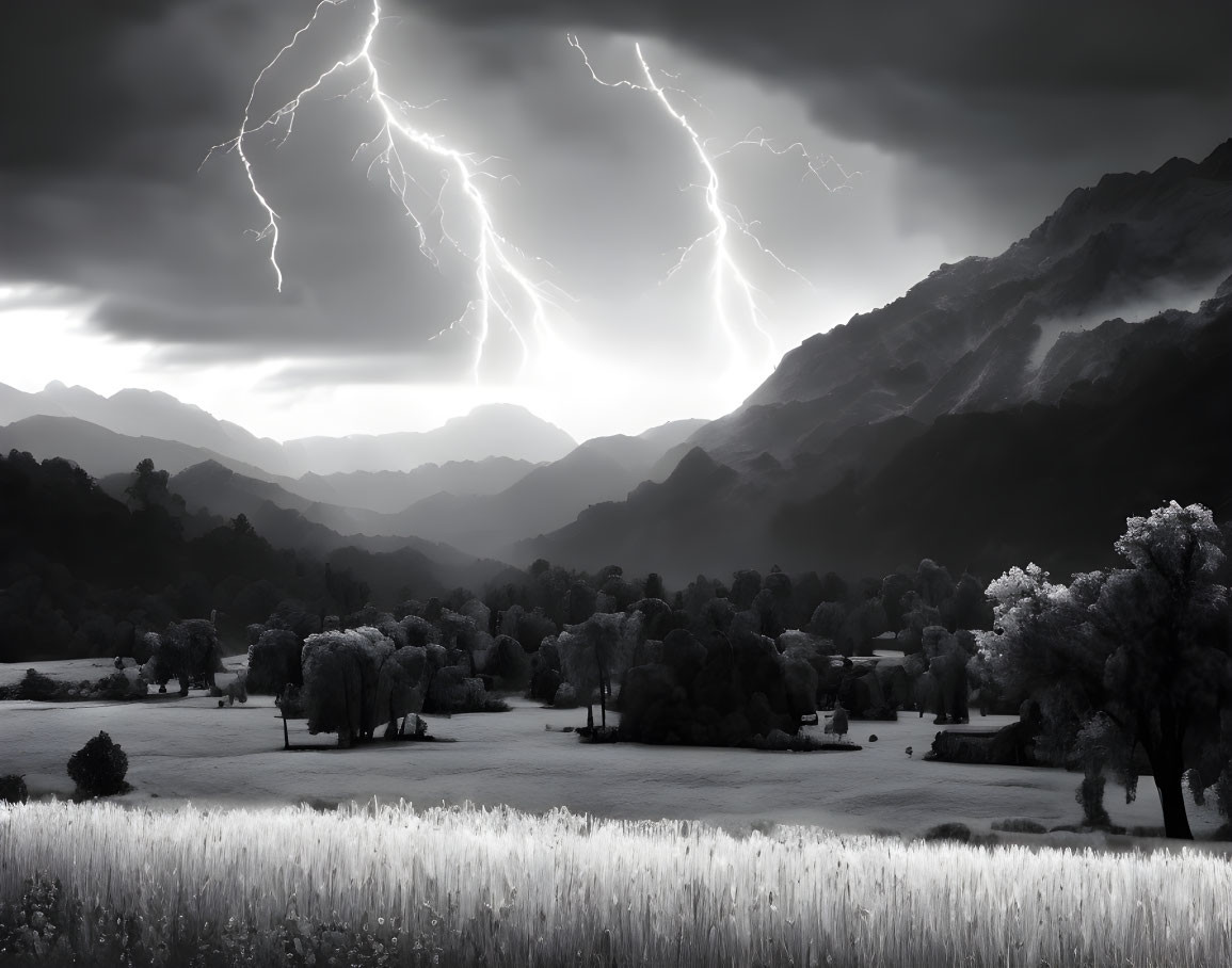 Monochrome landscape with lightning over mountainous terrain