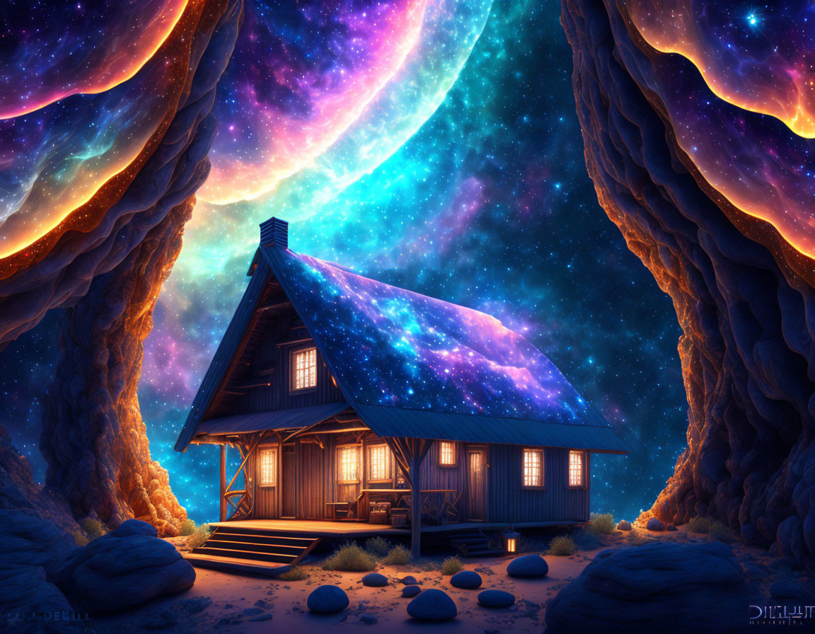 Fantasy illustration: Cozy wooden house among towering rocks under starry night sky