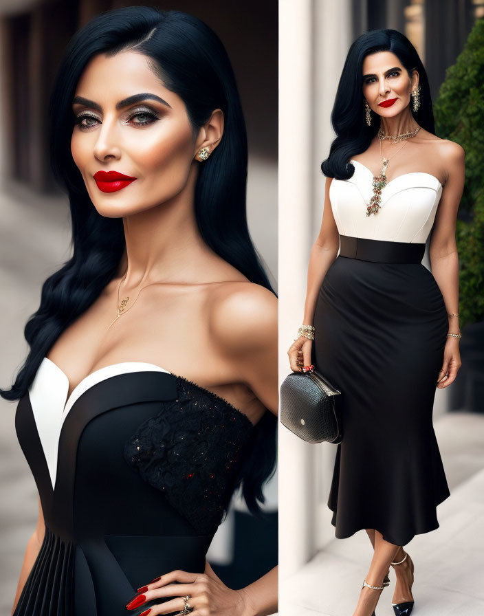 Dark-haired woman in black and white dress with accessories poses confidently