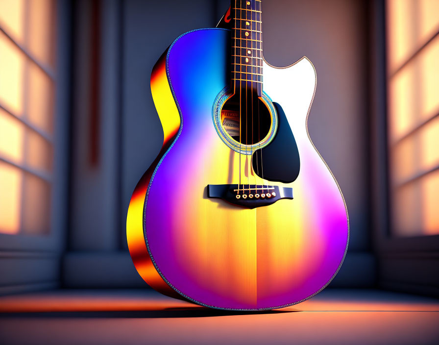 Vibrant multicolored acoustic guitar in warm sunset light