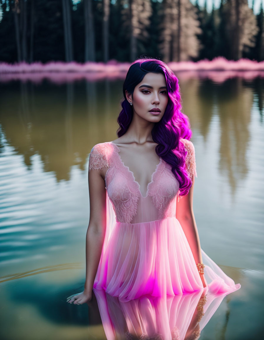 Purple-haired woman in sheer pink dress by serene lake with trees