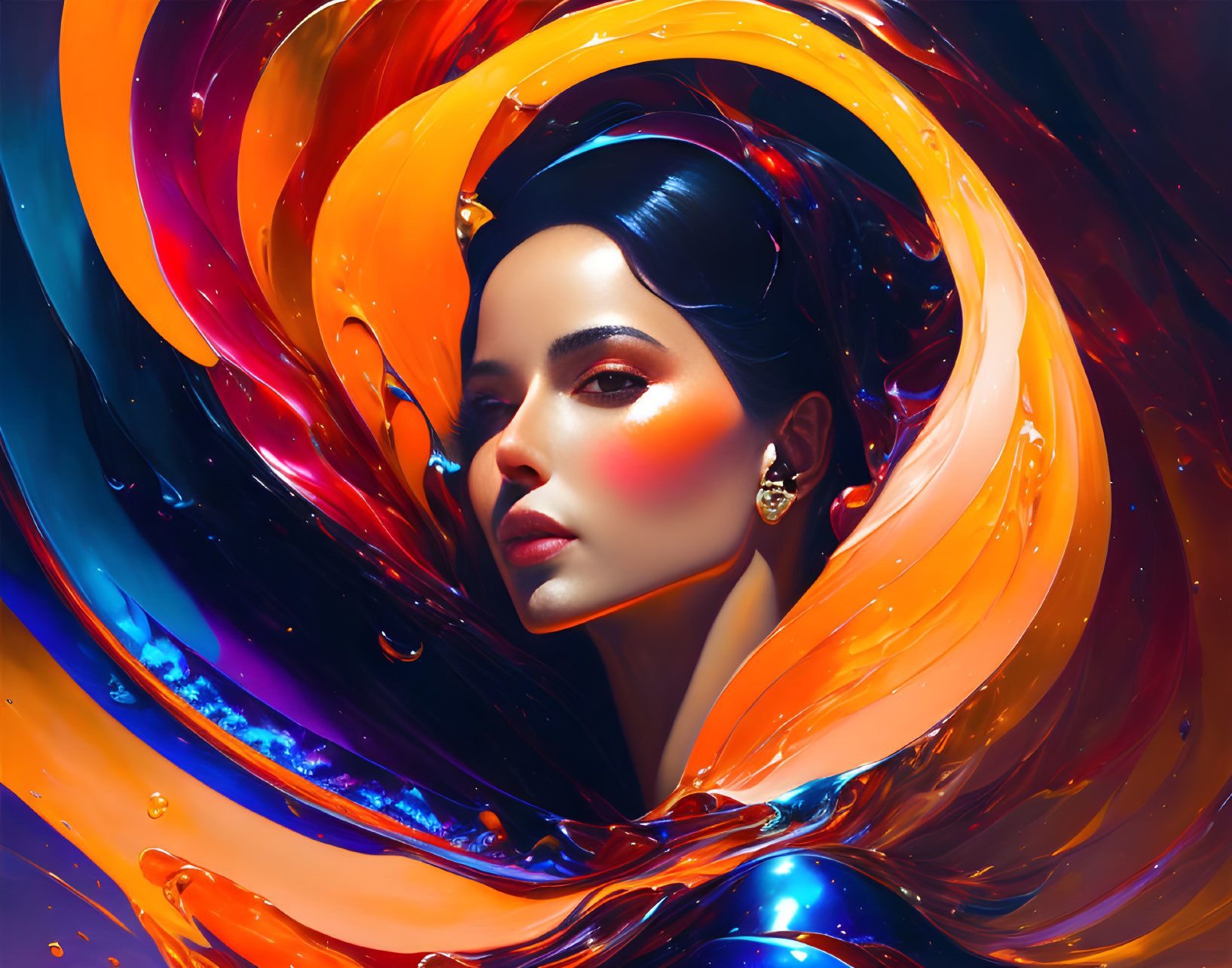 Colorful digital artwork: Woman in vibrant swirl of glossy colors