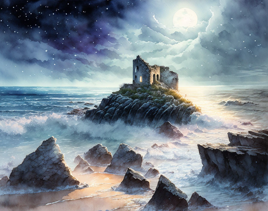 Dilapidated stone castle on craggy island under starry night sky