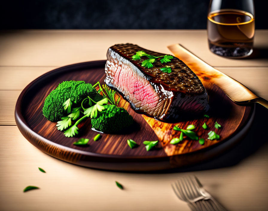 Juicy medium-rare steak with herbs, broccoli, and whiskey glass on wooden table