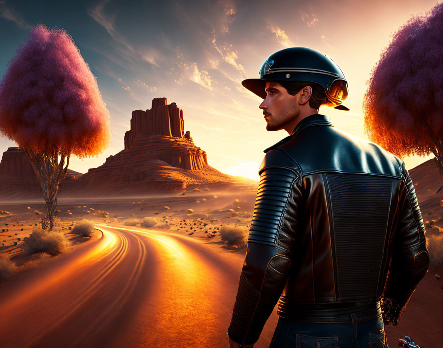 Man in Leather Jacket and Helmet on Desert Road at Sunset with Purple Foliage