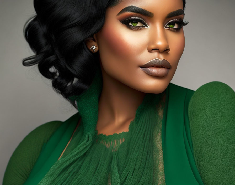 Close-up portrait of woman with stylized makeup and black hair in green attire.