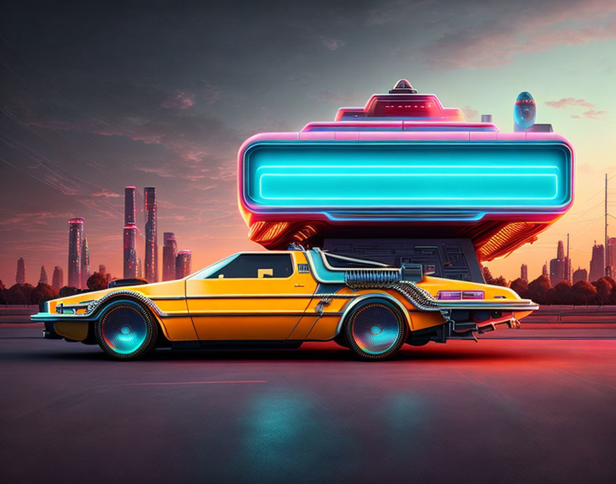 Retro-futuristic car with neon lights in colorful cityscape at dusk