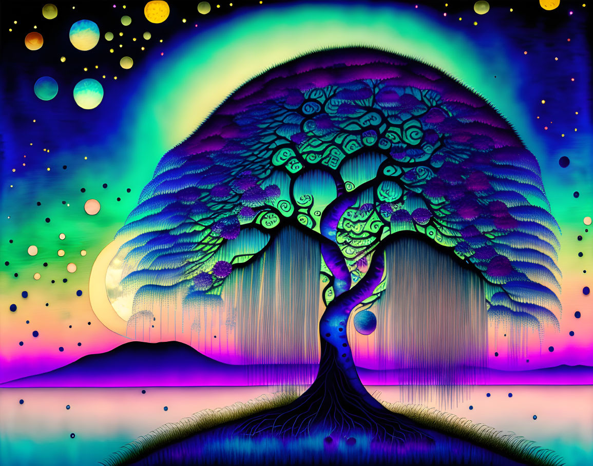 Vibrant swirling tree in colorful digital artwork