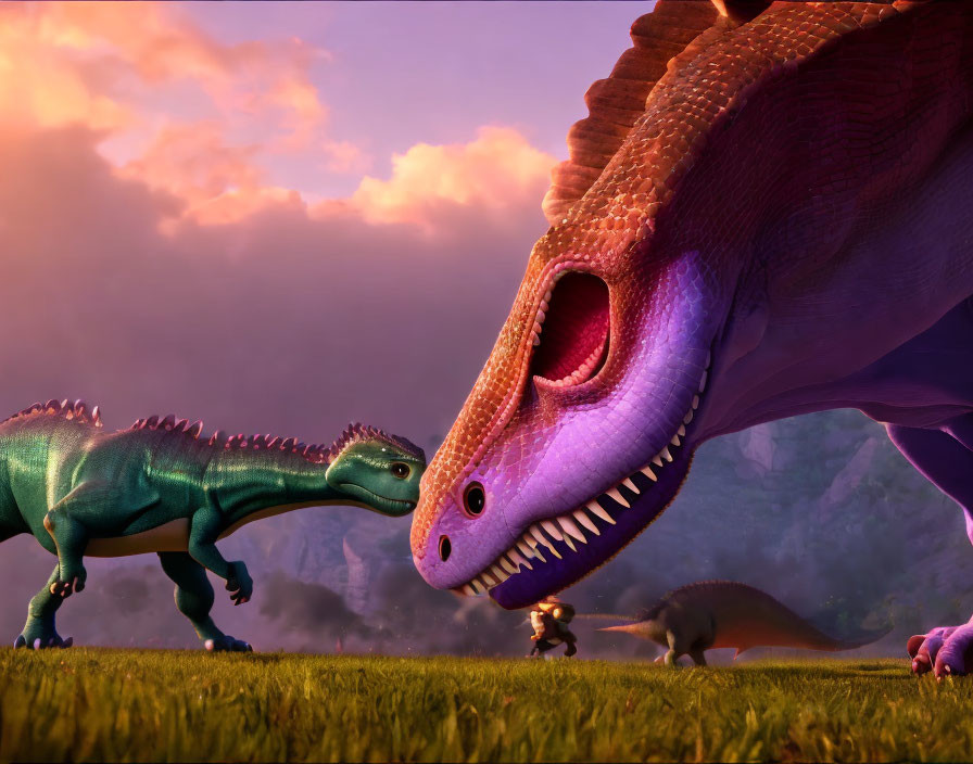 Prehistoric landscape with green and purple dinosaurs at sunset