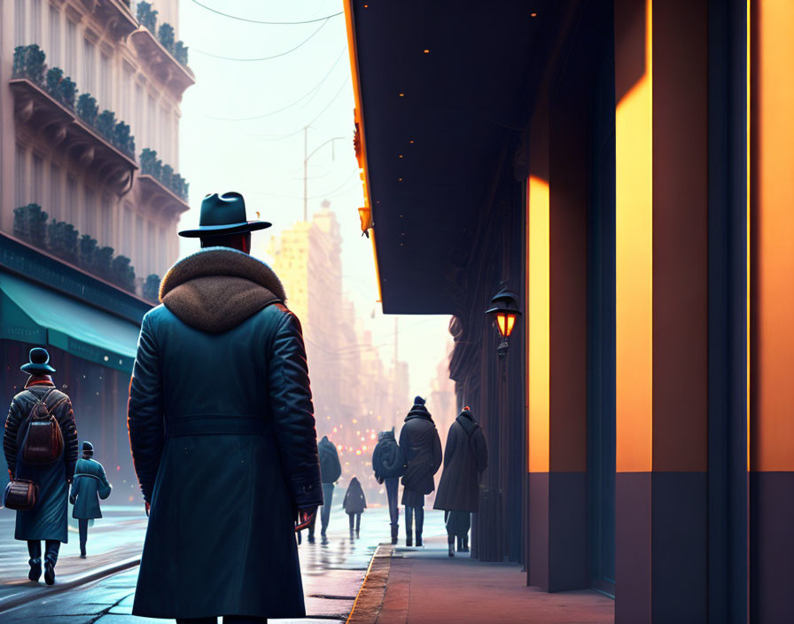 Person in trench coat and hat walking in city street with warm glow and blue ambiance