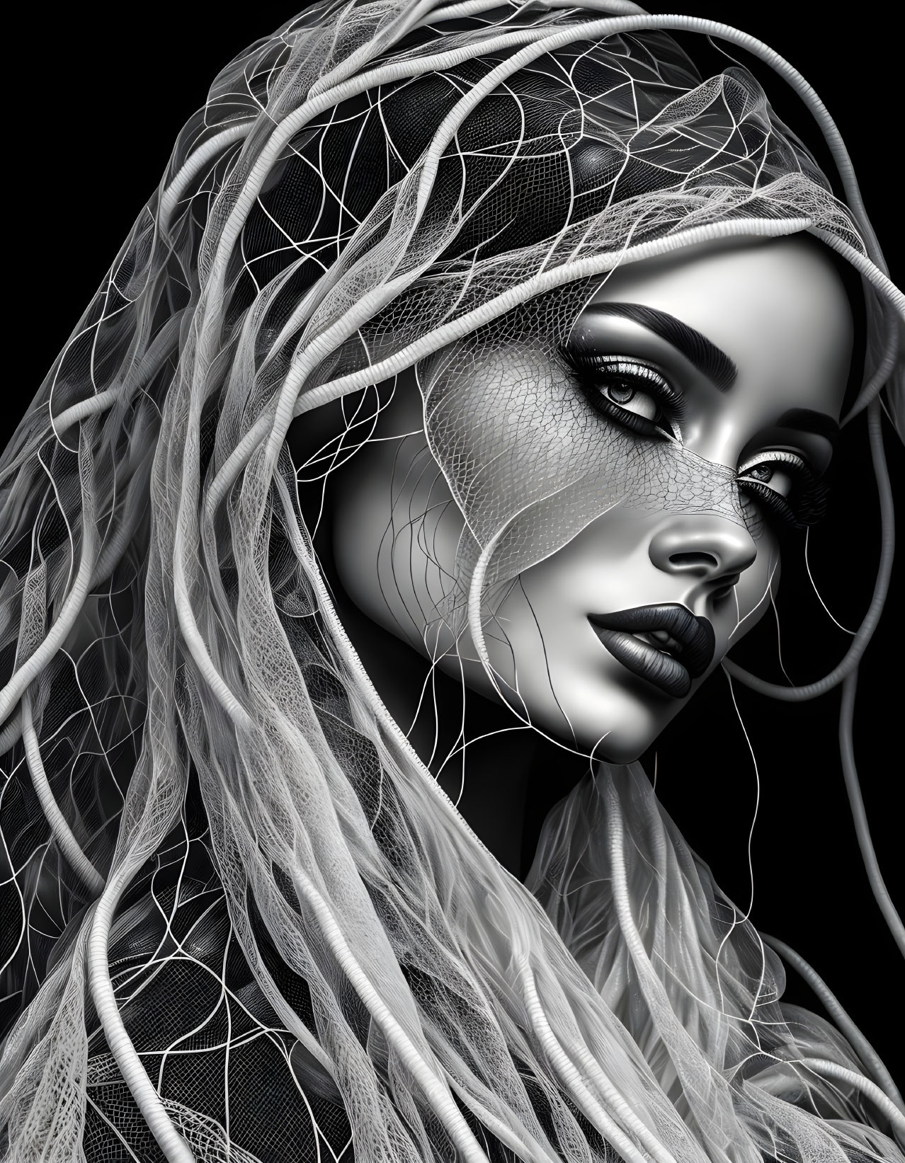 Detailed Monochrome Digital Art: Woman with Lace Veil & Flowing Hair