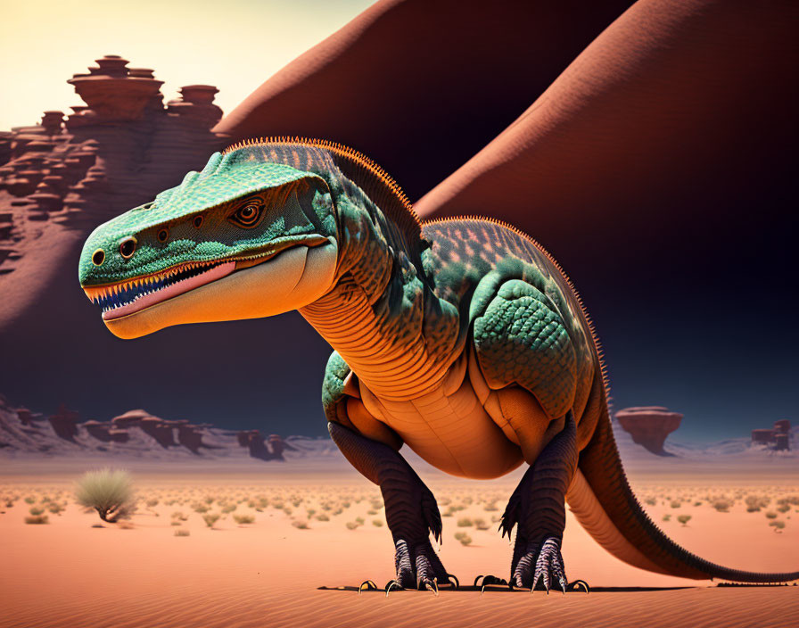 Realistic CGI rendering of green and orange dinosaur in desert landscape