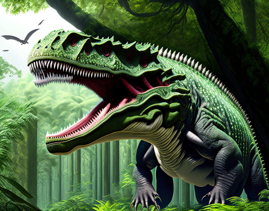 Green Tyrannosaurus Rex Roaring in Prehistoric Jungle