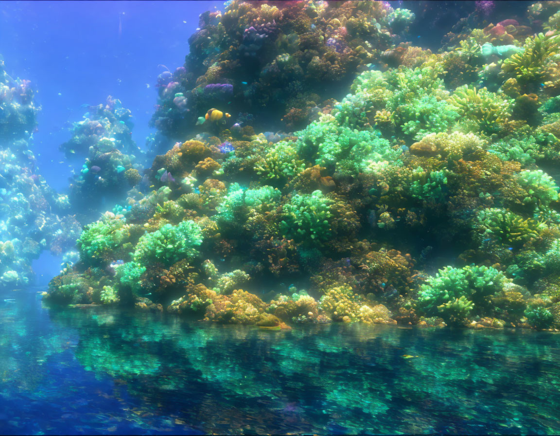 Colorful Coral Reef Teeming with Marine Life in Sunlit Underwater Scene