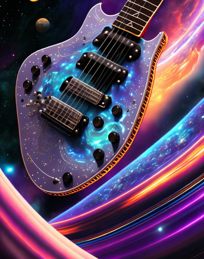 Colorful cosmic guitar merging into starry nebula with planets and galaxies