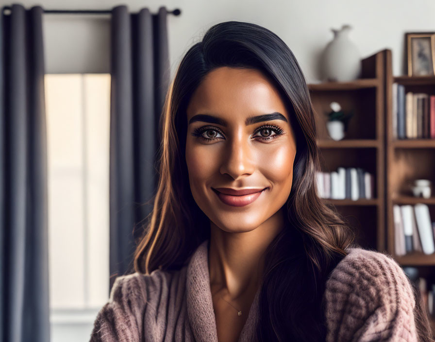 Dark-haired woman in pink cardigan smiling indoors with bookshelf.