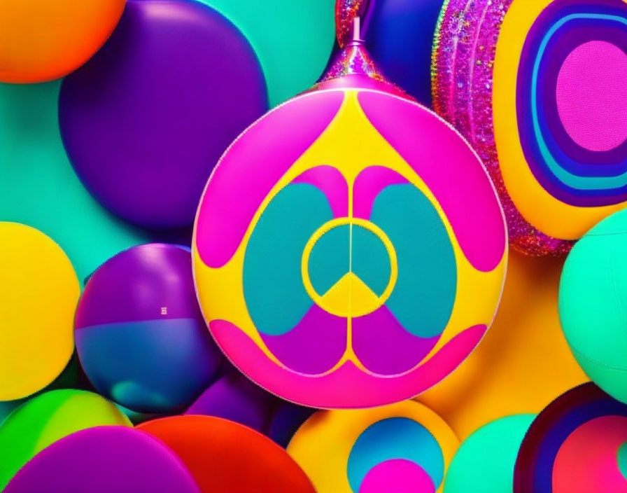 Colorful Round Objects with Various Patterns Including Peace Symbol