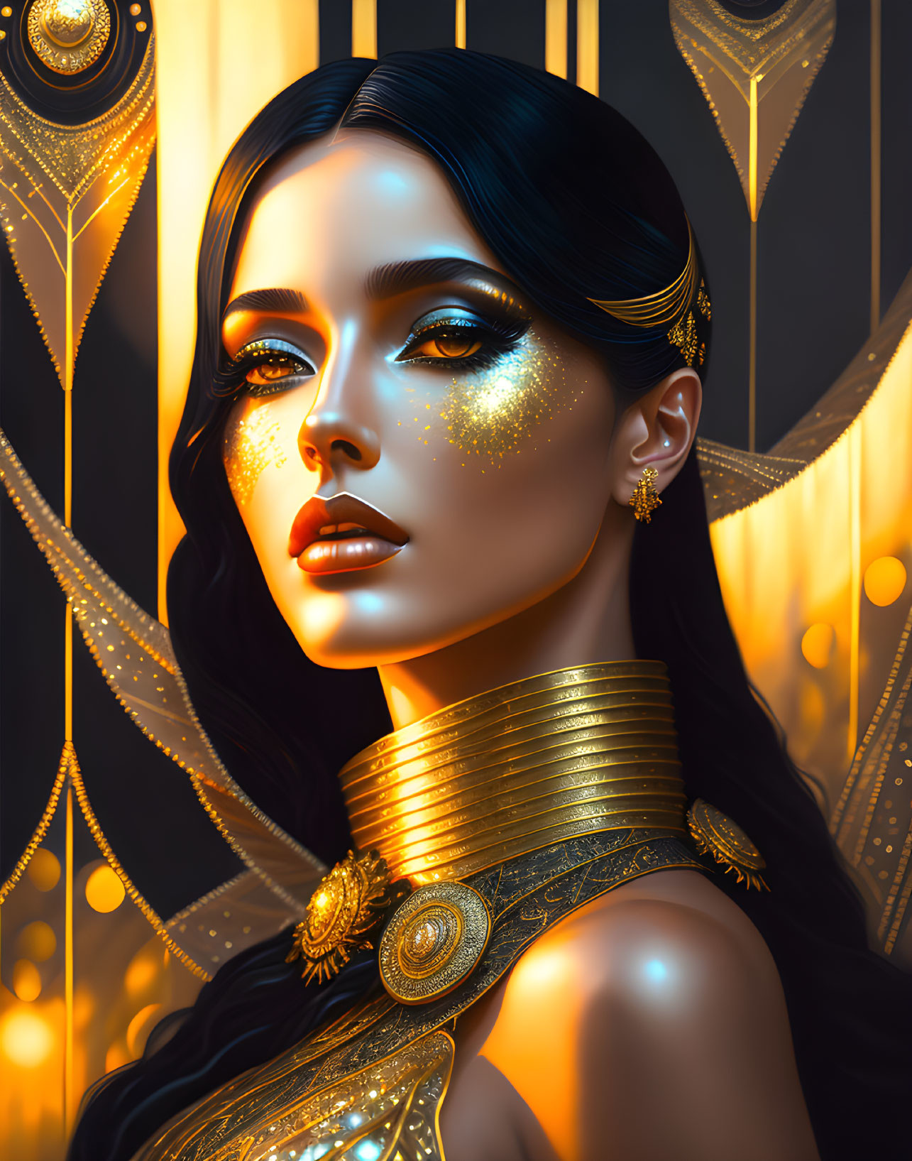 Digital Artwork: Woman with Golden Makeup and Jewelry on Art Deco Background