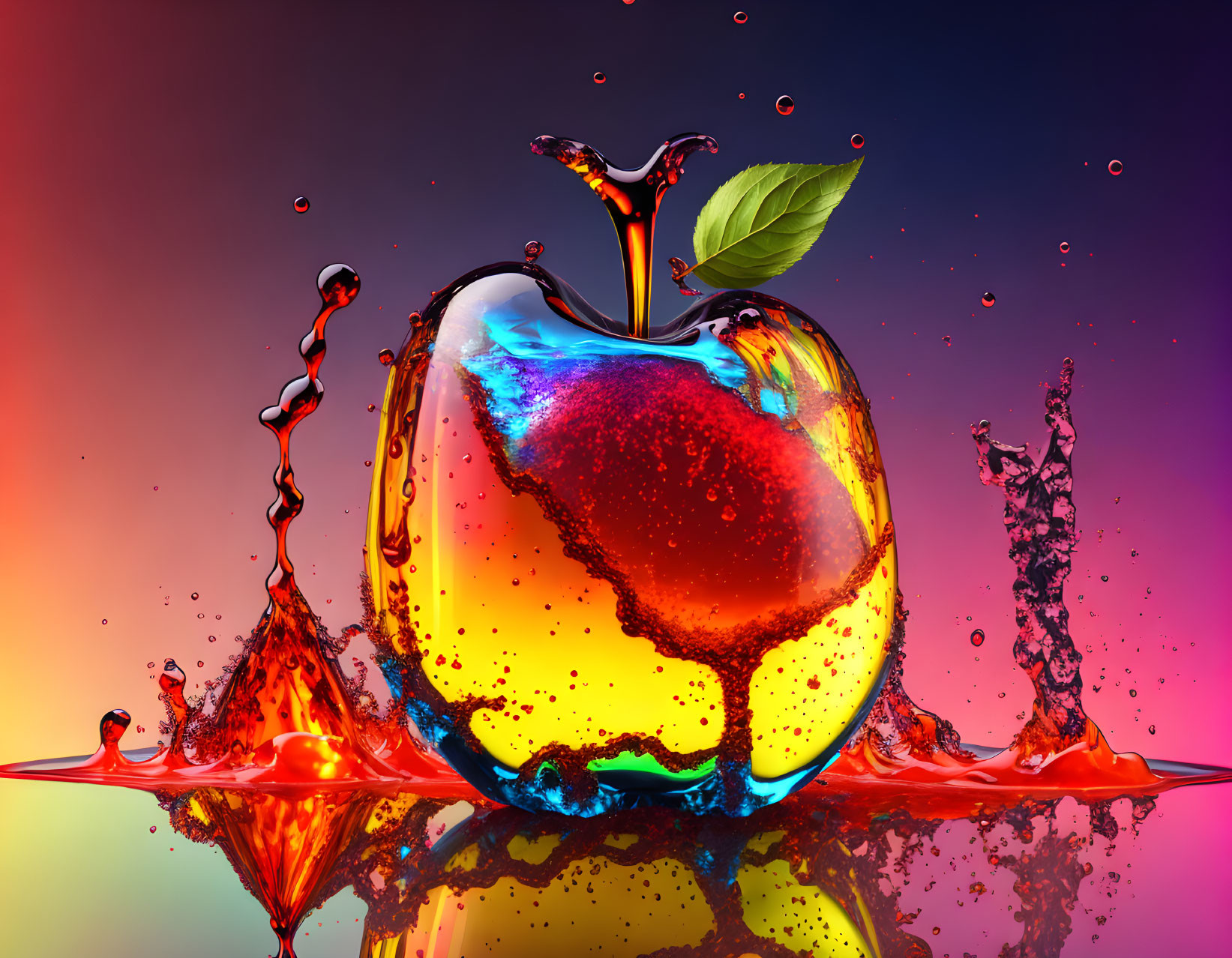 Colorful Apple with Water Splashes and Leaf on Gradient Background