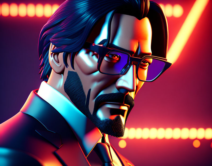 Man with Beard and Glasses in Neon-lit Digital Art